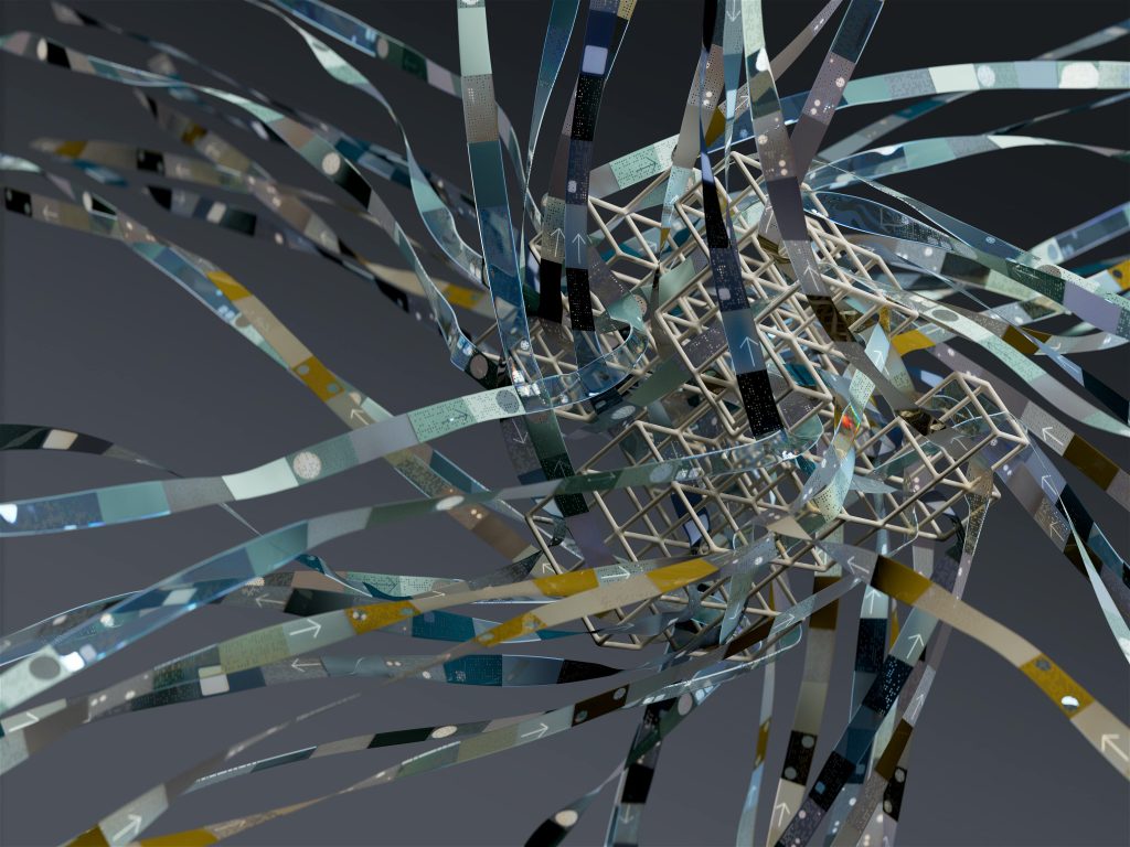 Intricate wireframe with dynamic ribbons in an abstract 3D composition.